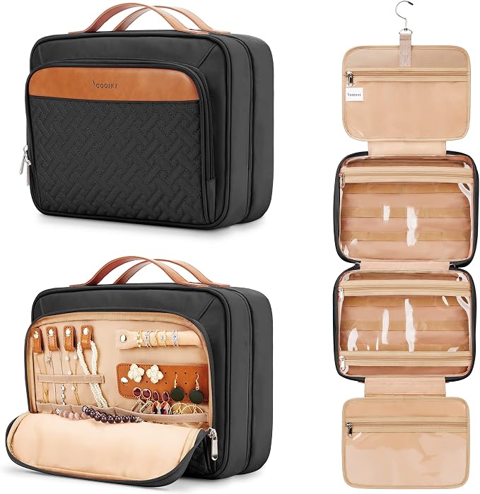 Travel Hanging Toiletry Bag for Women, Holds Full-Size Shampoo, with Jewelry Organizer Compartment, Extra Large Makeup Bag, Waterproof Cosmetic Bag, Toiletries Kit Set with Trolley Belt, Black by COOSKY