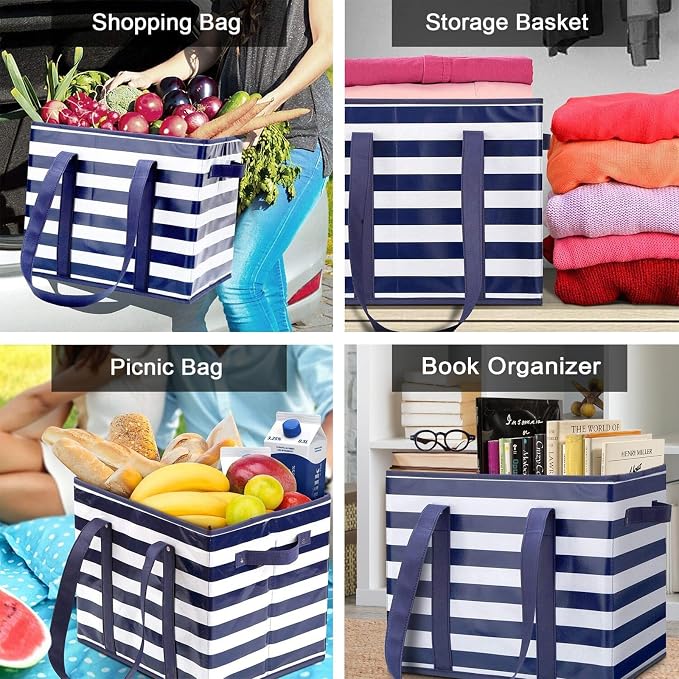 Reusable Grocery Bags 4 Pack, Foldable & Water Resistant Shopping Bags | Large Grocery Tote Bag Water Resistant Shopping Bags Foldable Grocery Bag for Clothes,Shoes and Picnic - Image 2