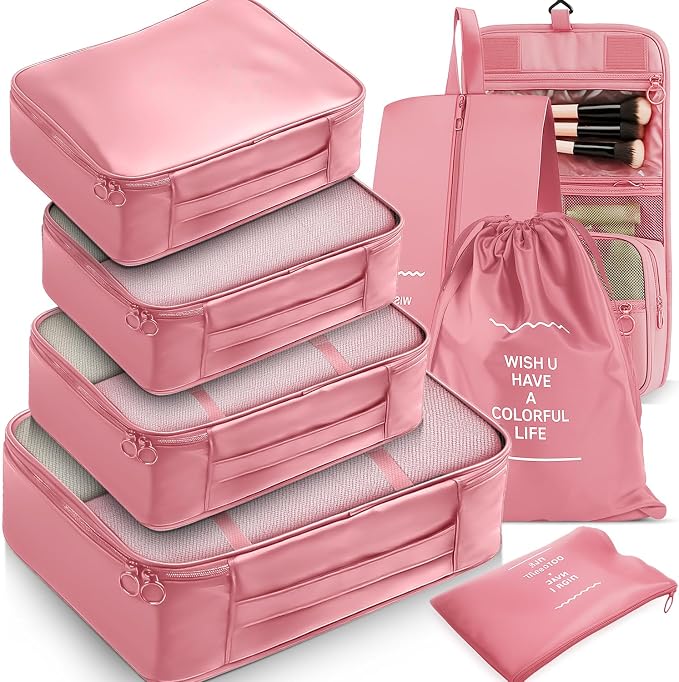 Fosmon 8-Piece Packing Cubes, Pink Travel Luggage Organizer Set | Mesh storage bags for clothes/shoes/toiletries, durable, lightweight, ideal for carry-on and vacation, 8-piece set, pink. - Image 2