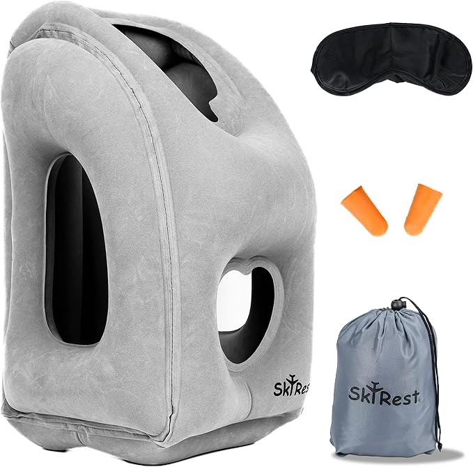 Inflatable Travel Pillow - Airplane Pillow for Neck Support on Long Flights, Buses, Cars, Office & Trains - Comes with Eye Mask, Earplugs & Portable Drawstring Bag - Grey by Skyrest