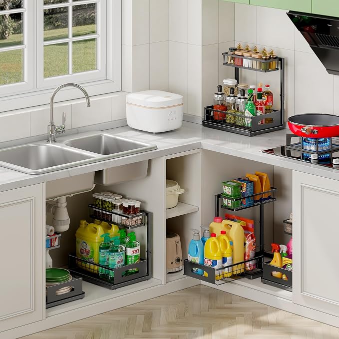 Under Sink Organizer, 1-Pack L-Shaped Metal Pull-Out Drawers for Kitchen | Cabinet Organizer Height Adjustable Heavy Duty Metal 2-Tier Storage Fits Beside Common Pipes for Bathroom Pantry - Image 6