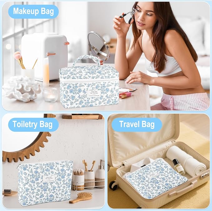 URSKYTOUS 2Pcs Cotton Quilted Makeup Bag for Women Extra Large Small Travel Cosmetic Bag Set Cute Blue Floral Print Makeup Pouch Portable Toiletry Bag Organizer Coquette Vintage Puffy Travel Essential - Image 4