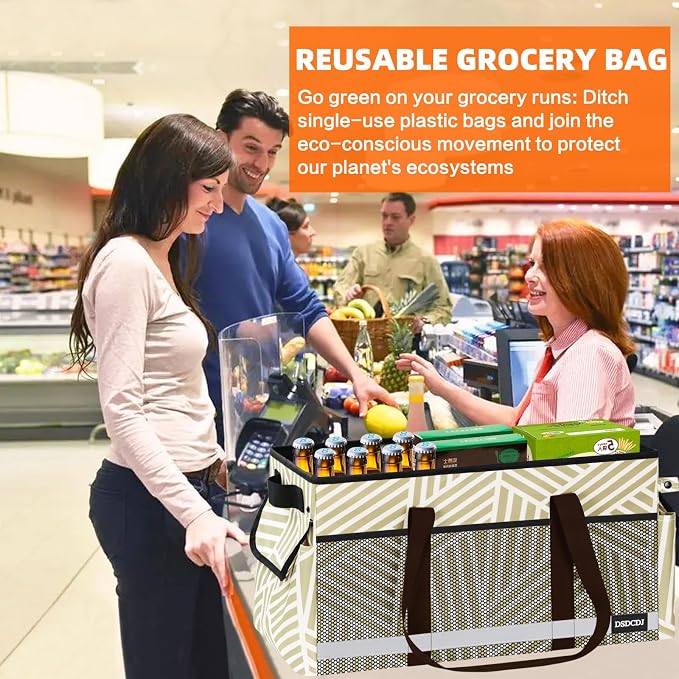 Extra Large Utility Tote Bag with Reflective Strip, Standing Reusable Grocery Bags with Hard Bottom, Collapsible Utility Tote with Handles for Shopping, Beach, Picnics, Car, Striped Gray - Image 3