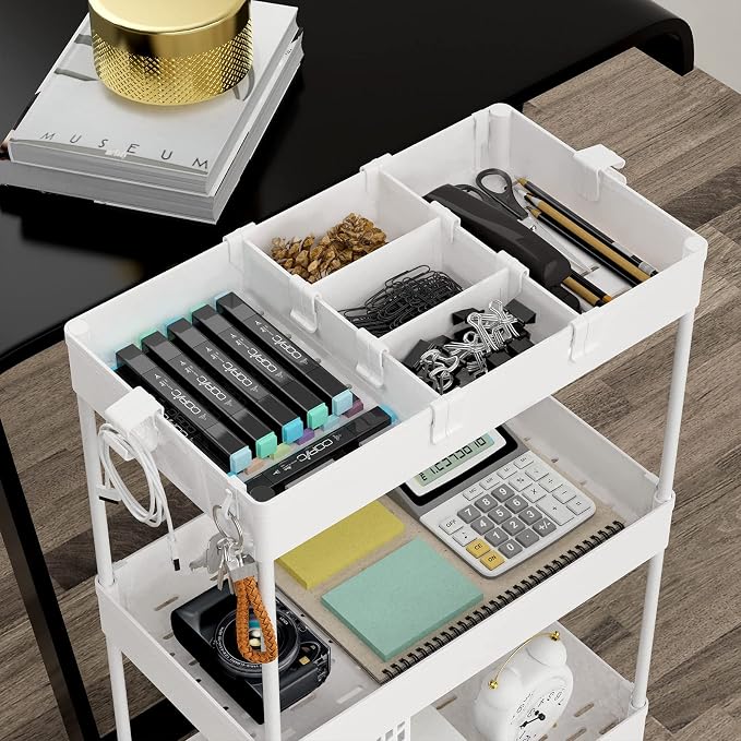 4 Tier Rolling Cart with Wheels, Storage Craft Art Trolley Organizer Serving, 3 Hanging Baskets Easy Assembly, for Office, Living Room, Kitchen - Image 6