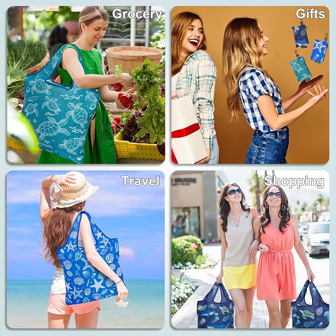 HOLYLUCK Reusable Grocery Bags,Heavy Duty Foldable Shopping Tote Bag (Standard, 3 Ocean Life) - Image 2