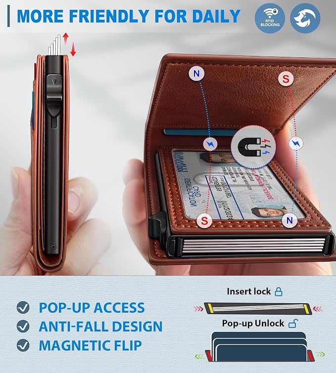 Wallet for Men, Slim Pop Up Card Holder with RFID Blocking, Minimalist Bifold Wallet with 9 Card Slots, ID Window and Cash Pocket, Metal Flip Case with Magnetic Closure, Gift Box - Image 3