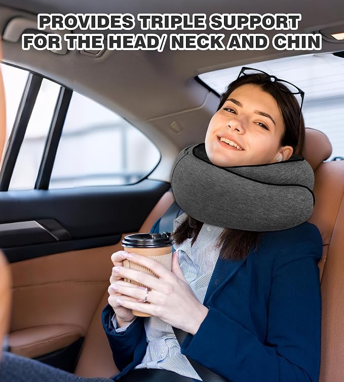 Travel Neck Pillow, Newly Upgraded Hooded Neck Pillow, 100% Pure Memory Foam Travel Pillow for Flight Headrest Sleep,Portable Aircraft Accessory,Suitable for use in Plane/Car/Office(Grey) - Image 7