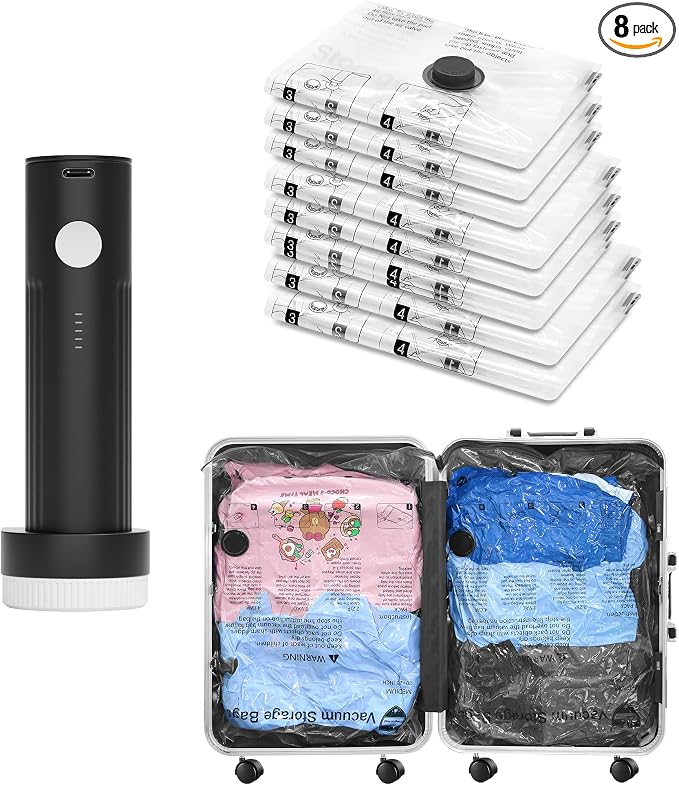 Vacuum Seal Bags for Clothing Travel and Home Storage, Travel Vacuum Bags with Electric Pump, Space Saver Compression Packing Cubes for Luggage Suitcase Bedding Blankets Clothes, 8 Combo by SUOCO