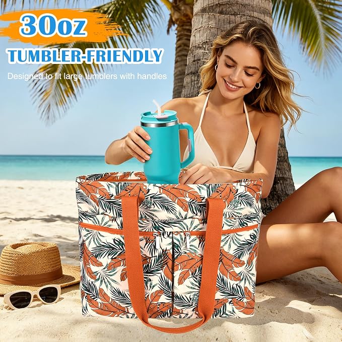 HUANLANG Large Beach Bags for Women Pool Bag with Zipper, Waterproof Sandproof Beach Tote Travel Bag with Wet Pocket - Image 2