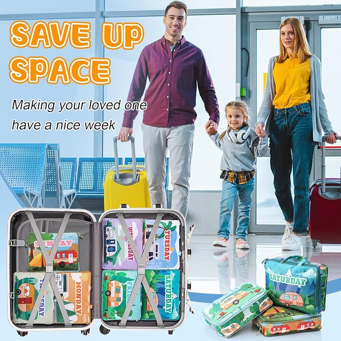 Paterr 7 Pcs Days of Week Packing Cubes for Travel Compression Packing Cubes for Kids Summer Camp Daily Outfit Suitcase Organizers Zippered Storage Bag for Cruise Vacation Essentials(Camping) - Image 4