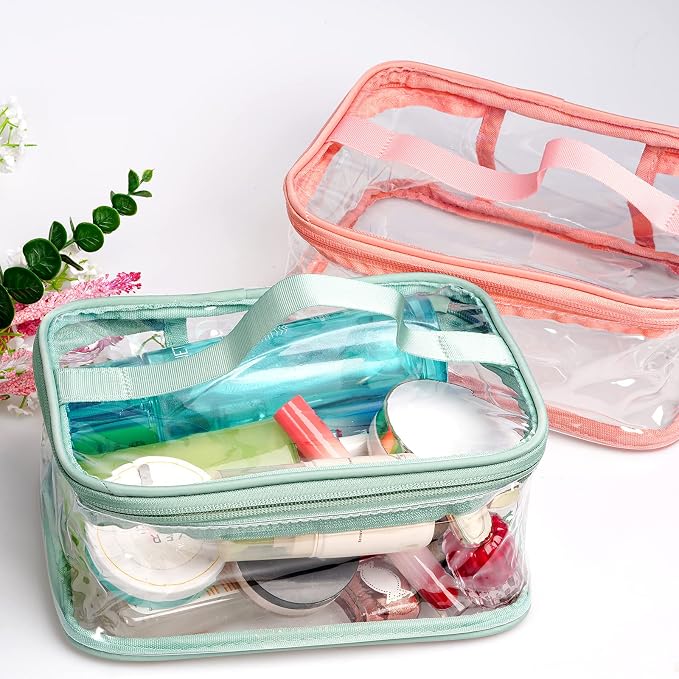 2 Pack Portable Clear Makeup Bag Zipper Waterproof Cosmetics Bag Transparent Storage Carry Pouch PVC Zippered Toiletry Bag Organizers With Handle for Vacation Travel Bathroom (Pink,Green) - Image 5