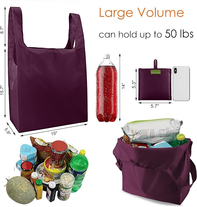 BeeGreen Burgundy Reusable Shopping Bags Wholesale Wine Red Reusable Grocery Bags Bulk Foldable-Machine Washable with Zipper Storage Pouch 20 Pieces - Image 2