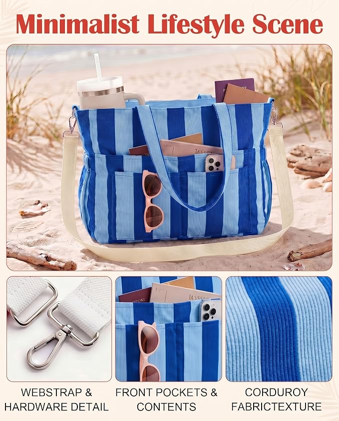 Kacctyen Striped Beach Tote Bag for Women Large Beach Foldable Tote Bag with Zipper Pockets for Travel Pool - Image 5