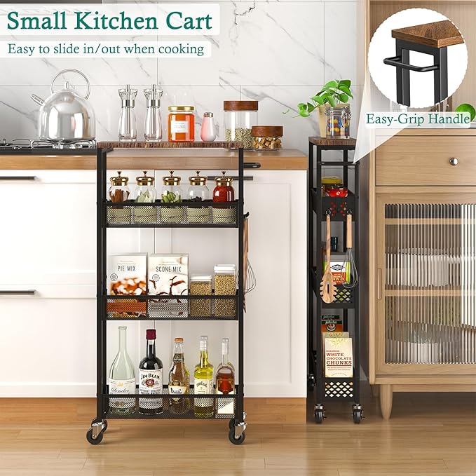 XYZLVSI Utility Slim Storage Cart on Wheels, 4 Tier Laundry Room Organizers | 5" W narrow shelf for small spaces, skinny rolling cart with wooden top and metal handle for kitchen/bathroom/Office/Dorm - Image 6