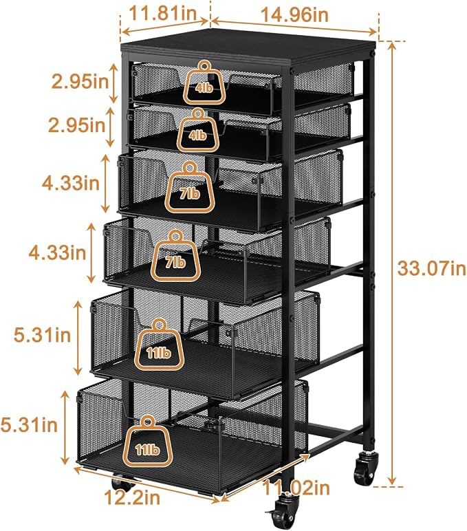 6-Tier Kitchen Storage Cart -Fruit Vegetable Storage Cart with Drawers, Wooden Top Metal Wire Kitchen Organizer and Storage Cart with Wheels to Storage Onions Potatoes Cans Snacks for Kitchen - Image 9