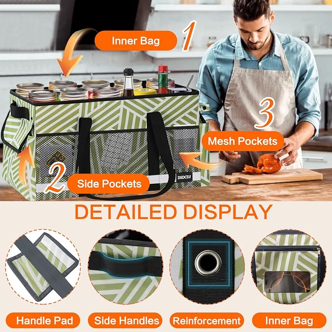 Upgrade Extra Large Utility Tote Bag with Reflective Strip, Standing Reusable Grocery Bags with Hard Bottom, Collapsible Utility Tote with Handles for Shopping, Beach, Picnics, Car, Twill Green - Image 5