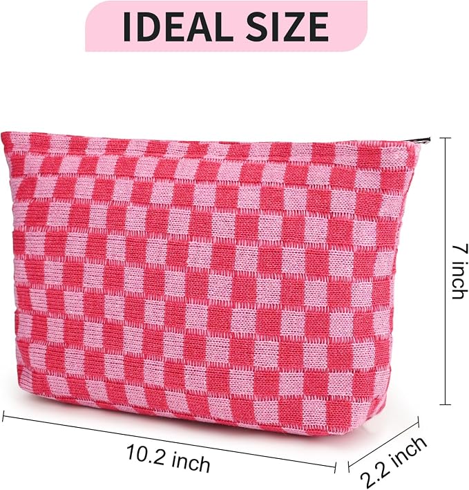 SOIDRAM 2 Pieces Makeup Bag Large Checkered Cosmetic Bag Capacity Canvas Travel Toiletry Bag Organizer Cute Makeup Brushes Aesthetic Accessories Storage Bag for Women, Rose Red checkered - Image 3