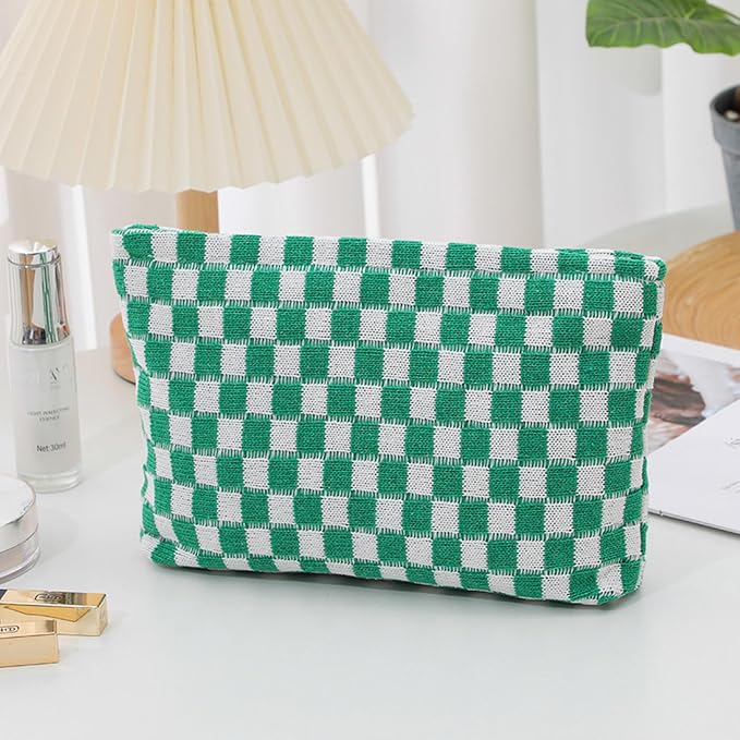 Cosmetic Bags for Women - Corduroy Cosmetic Bag Aesthetic Women Handbags Purses Smile Dots Makeup Organizer Storage Makeup Bag Girls Case Bags (Q-Checkered green) - Image 3