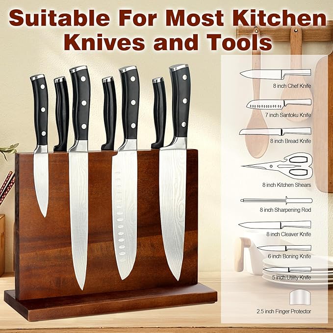 Magnetic Knife Block Double Sided Magnetic Knife Holder Rack with Strong Enhanced Magnets Acacia Wood Magnetic Knife Storage Stand-Dark Brown - Image 4
