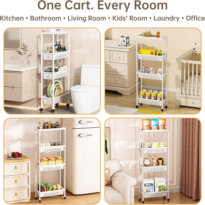 Slim 4 Tier Rolling Storage Cart Narrow Bathroom Organizer on Wheels White | 6.7" wide for tight bathroom/kitchen gaps, extra-tall tier, 360° casters, quick-dry shelves, tool-free storage rack - Image 2