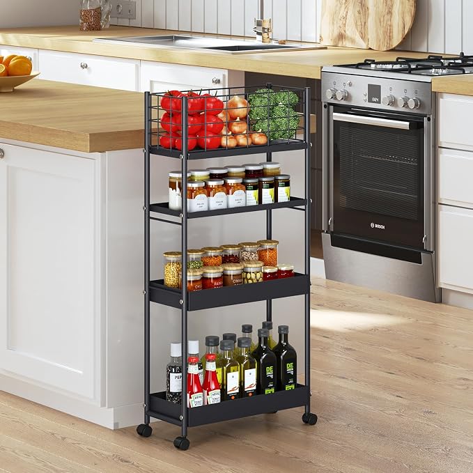 KINGRACK 4 Tier Slim Rolling Cart, Metal Utility Storage Cart with Wheels | 5.7" Raised Edge, Narrow Space Trolley Organizer for Bathroom, Kitchen, Office, Dorm, Laundry, Living Room, Black - Image 7