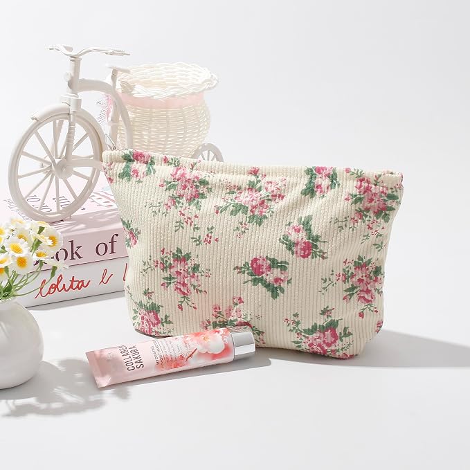 Cosmetic Bags for Women - Corduroy Cosmetic Bag Aesthetic Women Handbags Purses Smile Dots Makeup Organizer Storage Makeup Bag Girls Case Bags (Flowers-Pink) - Image 2