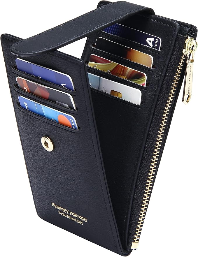 Badiya Slim Women Wallet RFID Blocking Bifold Compact 9 Card Slots Holder Wallets Soft Leather with Zipper Coin Pocket 2 ID Window by Badiya