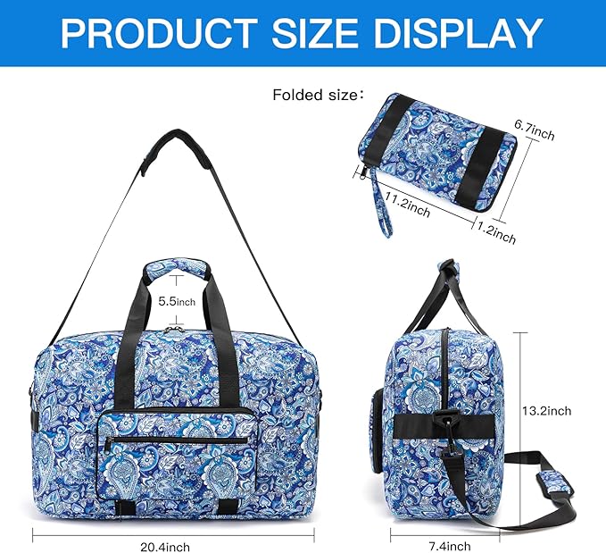 F.FETIVIN Weekender Bag Carry On Travel Duffle Bag Medium Overnight Bag for Women (Blue Paisley) - Image 2
