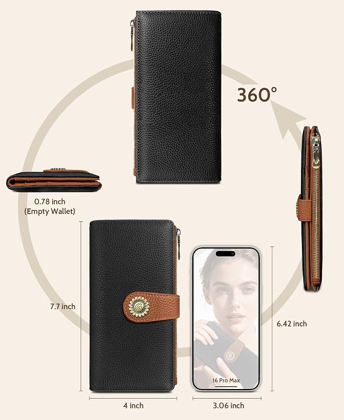 GIANCOMICS Black Caramel Womens Wallet RFID, Long Credit Card Holder Bifold | Billfold, Cute Cash Purse, Travel Zipper Coin Pocket, Compact Clutch, PU Leather, ID Window, 11 Card Slots, Ladies Gift Woman - Image 5