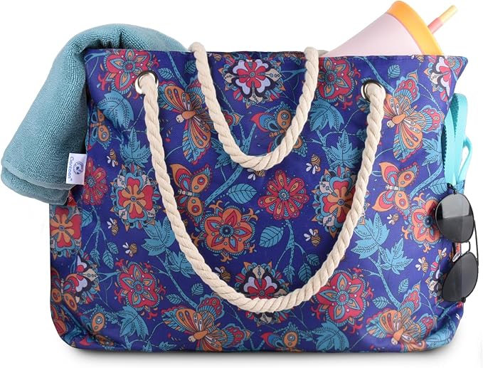 Genteen Beach Bag for Women, Large Waterproof Sandproof Beach Tote with Zipper Pocket, Solid for Travel Pool by Genteen