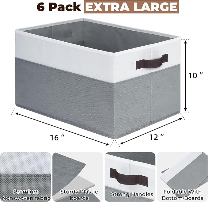 6 Pack Clothes Bins for Organization - 16x12 Extra Large Storage Baskets for Shelves Closet Bedroom - Toy Storage Organizer Bins Boxes Cubes for Nursery - RV Apartment Essentials - Image 2