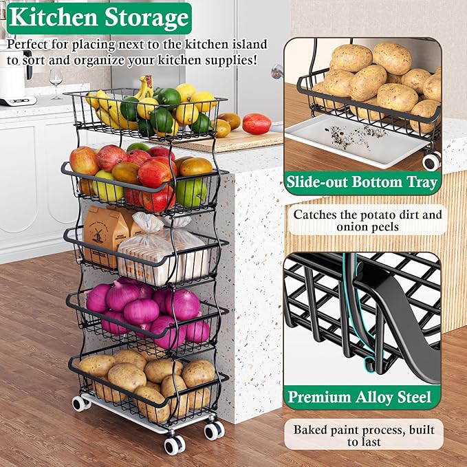 OKZEST 5 Tier Fruit Basket for Kitchen, Stackable Bins Wire Rack with Wheels, Fruit and Vegetable Storage Basket Pantry Food Snack Organizer Shelf, Kitchen Storage Cart for Onion and Potato, Produce | Kitchen pantry organizer rack with dirt catch tray,... - Image 3