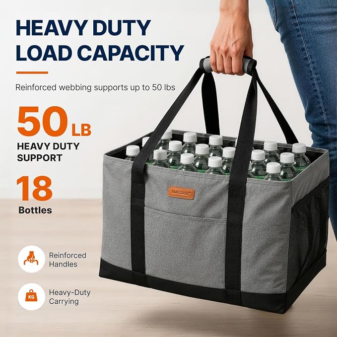 WONDAY Grey Foldable Utility Tote Bag, Reusable Grocery Bag | 22x11x13in, holds 50lbs, 600D Oxford fabric with PP board bottom, folds flat, side panels only, not self-standing - Image 6