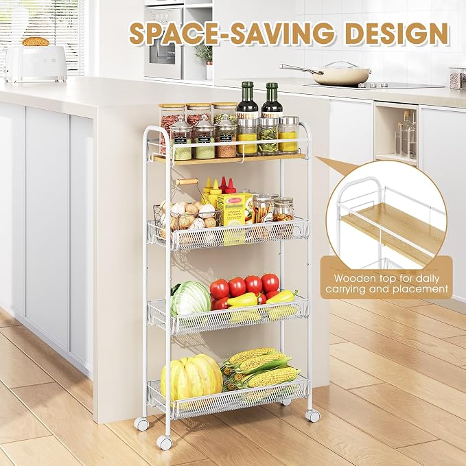 TOOLF 4-Tier Slim Rolling Cart, Metal Utility Cart, Slide Out Storage Cart with Wooden Tabletop and Mesh Baskets for Narrow Space on Kitchen Bathroom Laundry Room Bedroom Apartments Dormitory - Image 4