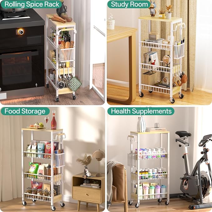 DTUQYX Slim Bathroom Storage Cart, 4 Tier Small Rolling Organizer Cabinet with Wood Top Handle, Mobile Shelving Unit Slide Out for Office, Kitchen, Laundry Room & Narrow Places (9.1" W Wood Basket) - Image 8