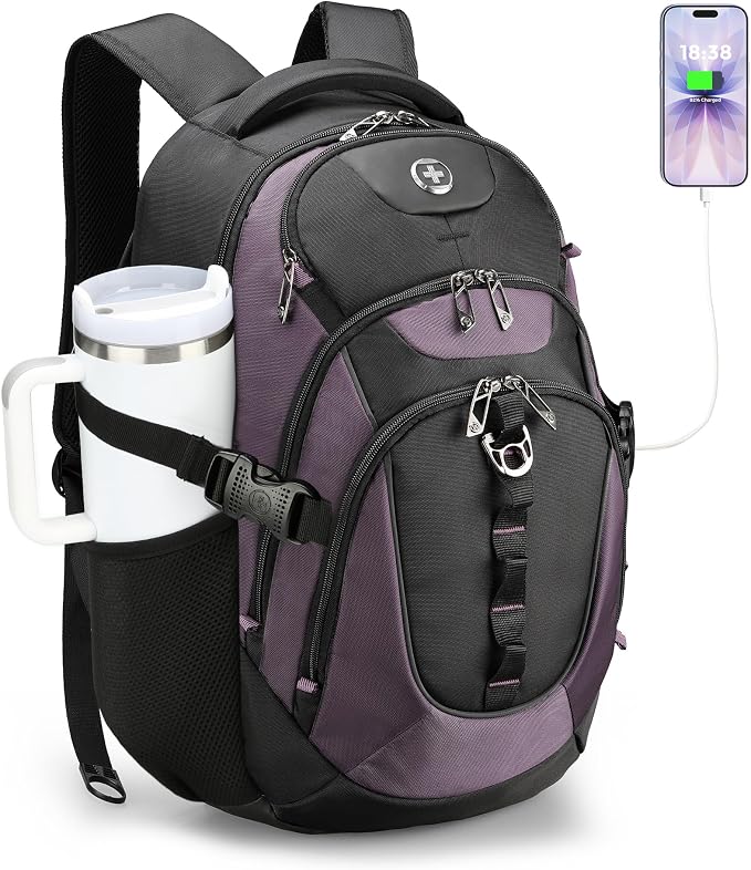Swissdigital Design Laptop Backpack with USB Charging Port, Travel Backpack Fits 15.6 inches Computer, 31L College School Backpack for Women, Light Purple/Black | SD803-85 by SwissdigitalDesign