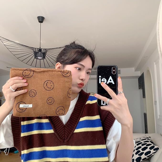 Cosmetic Bags for Women - Corduroy Cosmetic Bag Aesthetic Women Handbags Purses Smile Dots Makeup Organizer Storage Makeup Bag Girls Case Bags (A-Brown) - Image 5