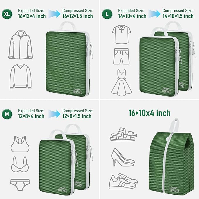 6 Set Compression Packing Cubes, Suitcase Organizer, Lightweight Travel Essentials, Compression Bags For Travel Accessories Luggage Storage Set (6Pcs, Green) - Image 2