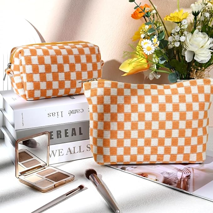 SOIDRAM 2 Pieces Makeup Bag Large Checkered Cosmetic Bag Capacity Canvas Mix Travel Toiletry Bag Organizer Cute Makeup Brushes Aesthetic Accessories Storage Bag for Women, Yellow checkered - Image 2