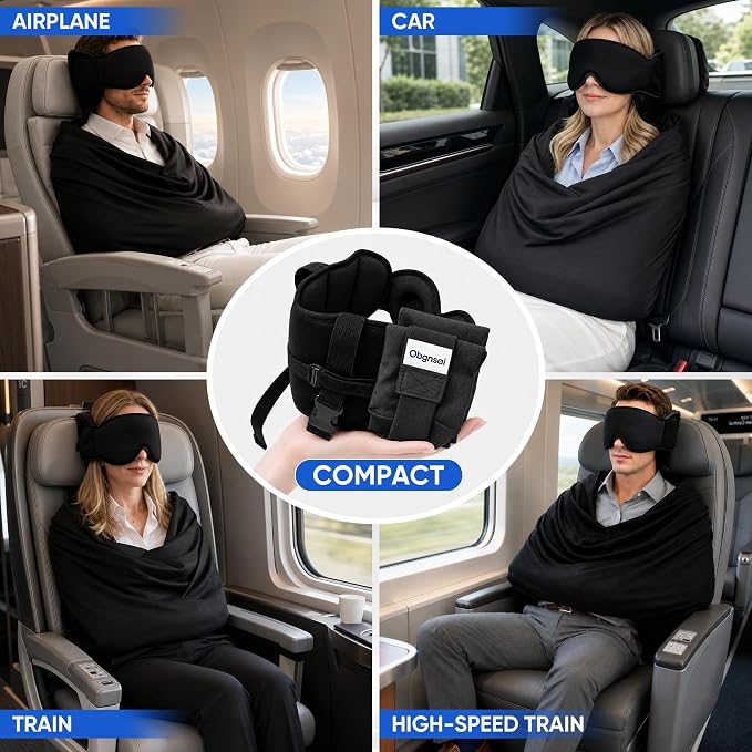 Avernio Travel Pillow with Eye Mask, 3-in-1 Airplane Sleep Support Travel Essentials for Comfort, Portable Sleep System with Neck Support Head Strap, Sleeper Hold for Flight Car Train (L Size) - Image 8