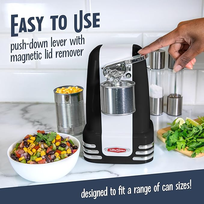 Nostalgia Retro Electric Can Opener for Kitchen with Magnetic Lid Remover, Knife Sharpener, and Soda or Beer Bottle Opener, Black - Image 3