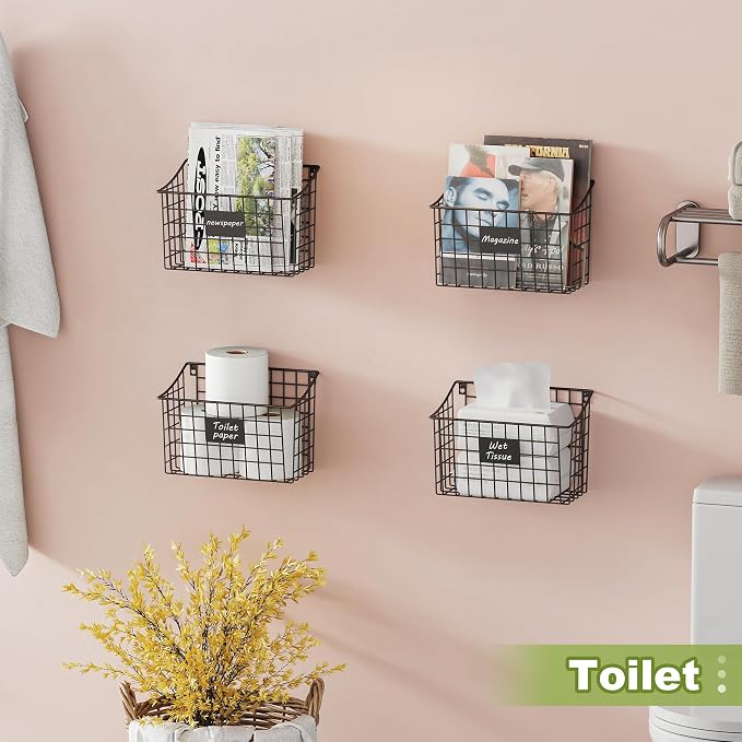 Wall Basket with Label Plate & 5 S-Hooks –4 Pack Hanging Wire Basket for Organizing, Wall Storage for Kitchen, Bathroom, Pantry, Laundry, RV – Hanging Wall Basket, Metal - Image 7