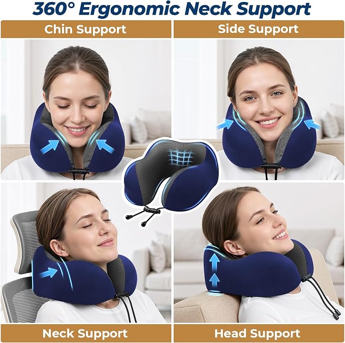 ExploreBliss Travel Pillow, Memory Foam Neck Pillow Airplane, Blue | Travel Pillows for Airplanes, Neck Pillow Airplane, Memory Foam Neck Pillow Set with Eye Mask, Earplugs - Image 4