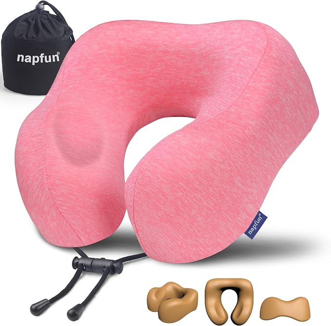 napfun Neck Pillow for Travel, Memory Foam Airplane Pillow, Rose | 360° Neck Support, Upgraded 100% Memory Foam for Airplane, Car, Train, Bus, Office Sleep, Travel Essentials for Long Flights by NAPFUN