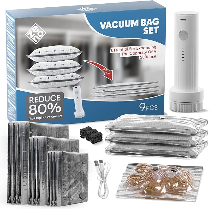 9-Pcs Travel Vacuum Bags with Electric Pump - Vacuum Storage Bags for travel - Space Saver for Clothes - Packing Cubes for Luggage & Suitcases - With Portable Cordless Pump by Unknown