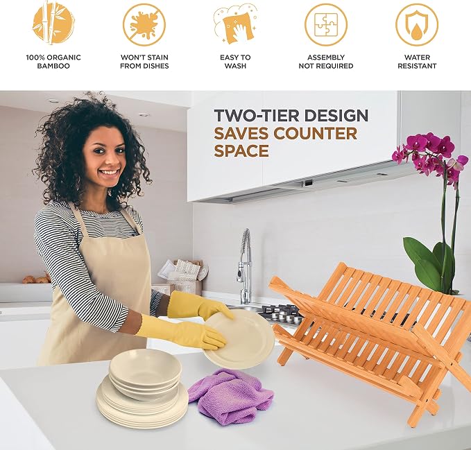 Bambüsi Collapsible Dish Drying Rack, Foldable Kitchen Counter Dish Drainer | Dish Rack Folds Flat, Space-Saving Bamboo Strainer, No Assembly, Holds Plates Cups Bowls Mugs Utensils, for Home, RV, Dorm - Image 2