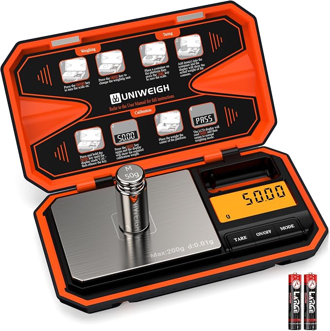 Digital Pocket Scale 200g/0.01g Precision Digital Scale Grams | 6 Units Jewelry Scales,Coins Scale with LCD Display,Tare Function for Food,Powder,small items(Battery Included)-Orange by UNIWEIGH