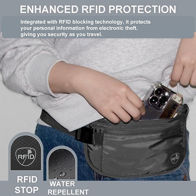 Money Belt, Hidden Travel Wallet for Passport, RFID Blocking Passport Pouch, Passport Holder for Travel, Undercover Fanny Pack(Black) - Image 4