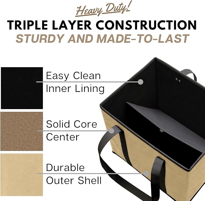 Reusable Grocery Bags (3 Pack) – Heavy Duty Reusable Shopping Bags for Groceries with Box Shape to Stand Up, Stay Open, Fold Flat – Large Tote-Bag is Foldable with Long Handles & Hard Bottom (Beige) - Image 5