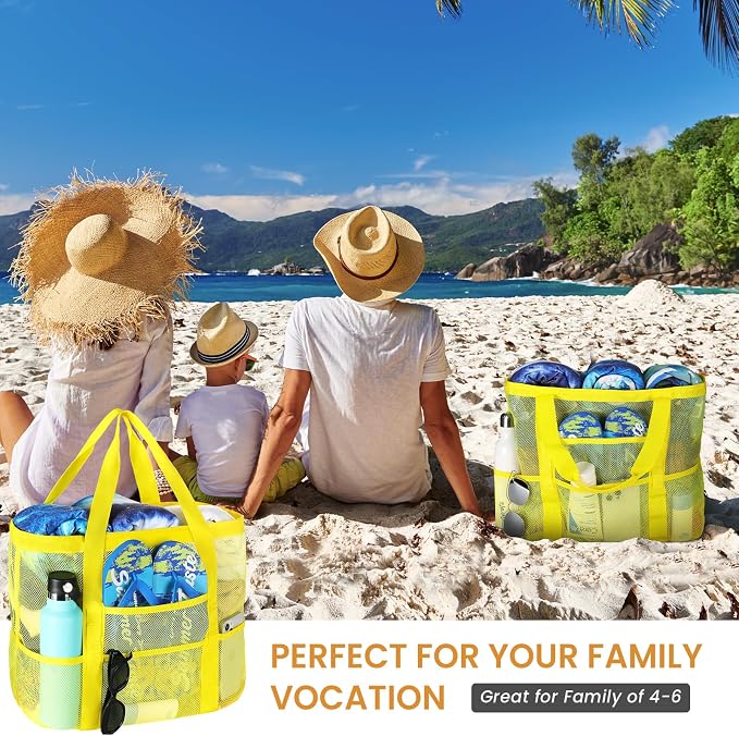 Tavaleu Mesh Beach Bag, Large Capacity Beach Tote, Multi Pockets, Sandproof | Mesh Material, Multiple Storage Pockets, Lightweight & Foldable Design, For Beach & Pool Use, Easy to Clean & Quick Dry - Image 6